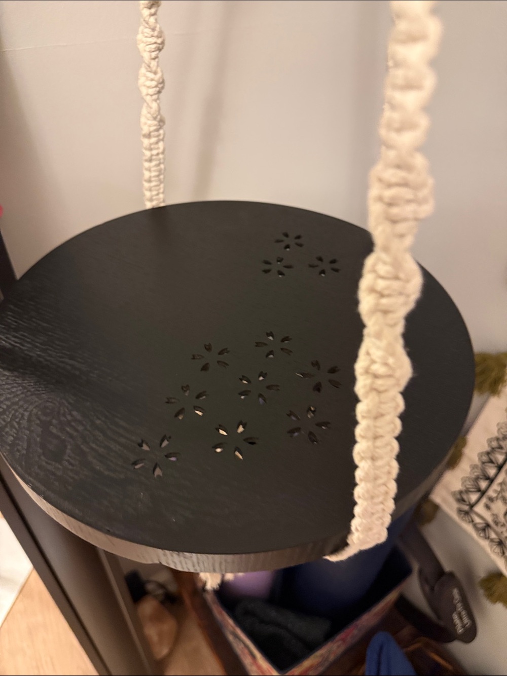 Macramé Hanging Plant Shelf with Black Round Tray - Picture 4 of 5
